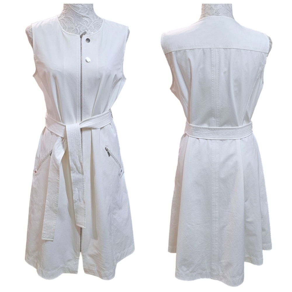 Lafayette 148 White Zip Front Belted Sleeveless Midi Dress Size 8 Cotton Pockets